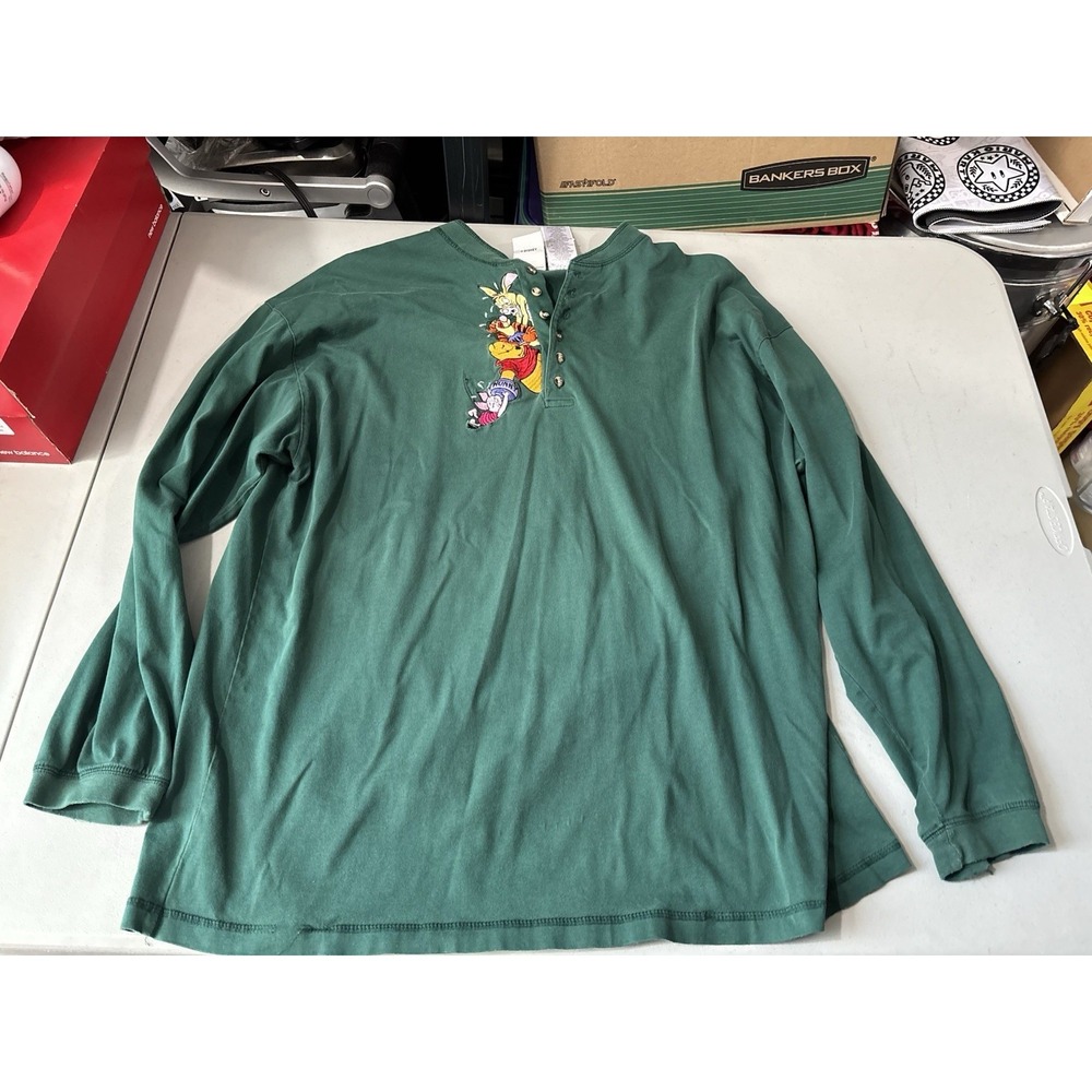 The Disney Store Green Winnie the Pooh Tigger Piglet Embroidered Henley XL Vtg